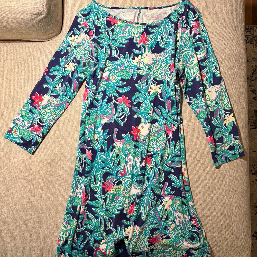 Lilly Pulitzer Long Sleeve Swing Dress Blue Green Print Size XL RN 80589